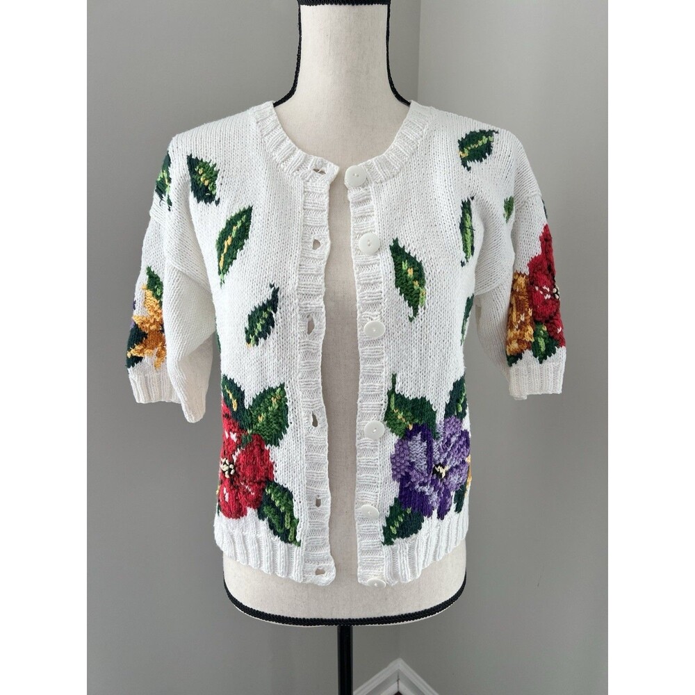 Marisa Christina Classics Hand Knitted Floral Short Sleeve Cardigan Size Small